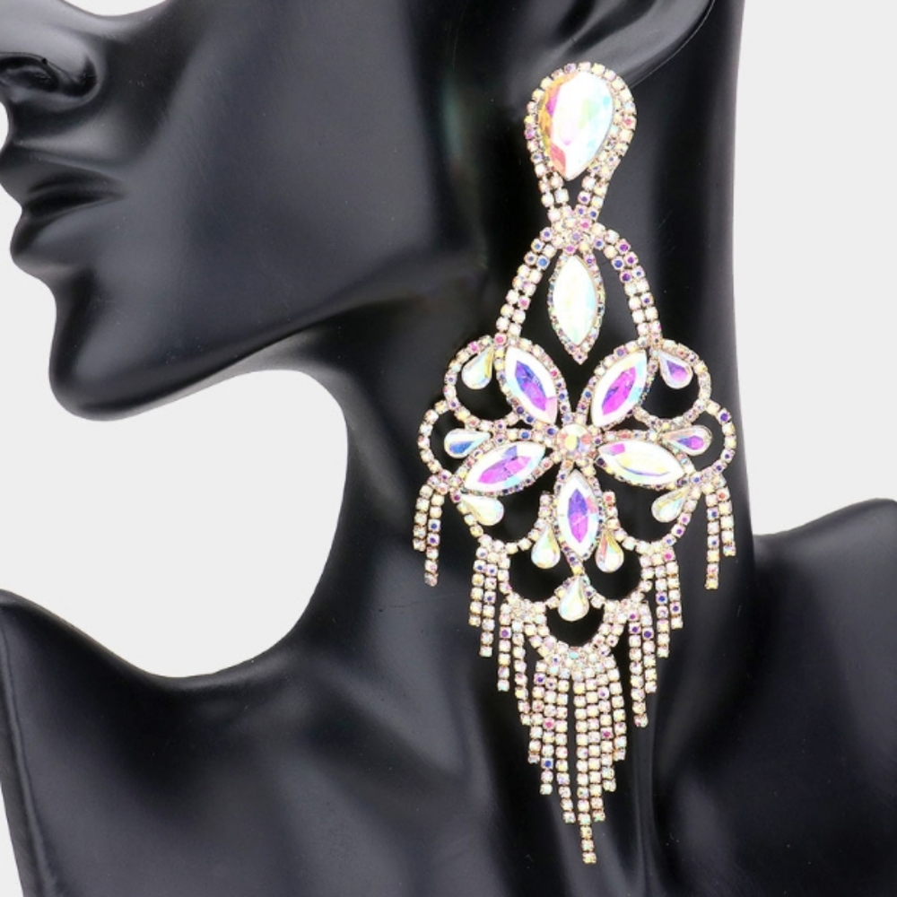Marquise Stone Flower Accented Chandelier Evening Earrings